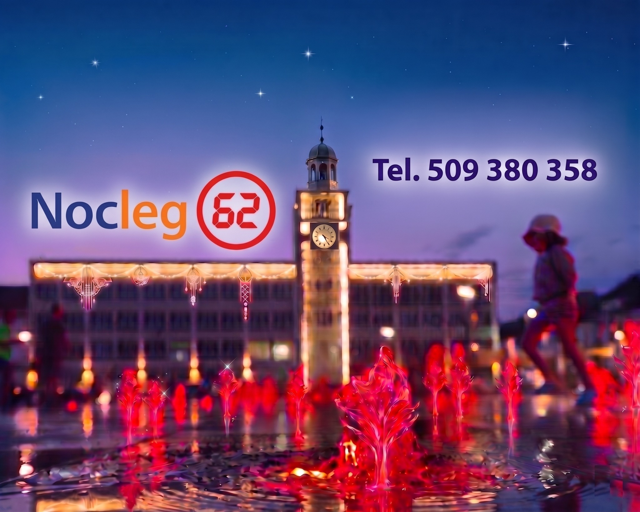 Nocleg 62 Koszalin — nocny widok Koszalina, logo i numer telefonu 509 380 358